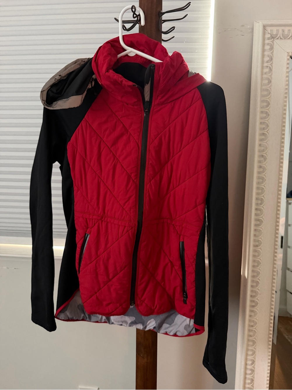 Athleta Red Quilted Hooded Puffer Jacket with Black Sleeves